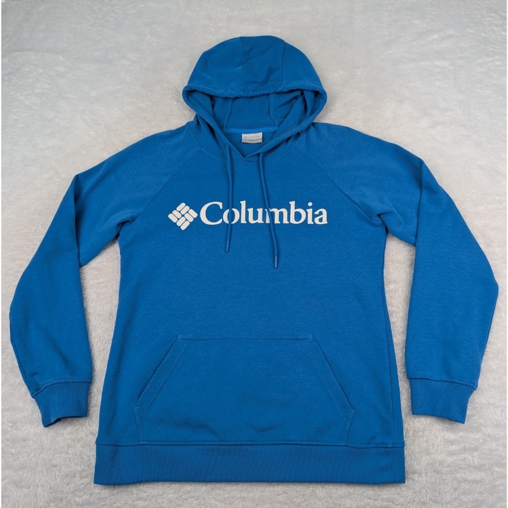 Columbia Hoodie Women's Size M Blue Pullover Spell Out Logo Graphic Pocket